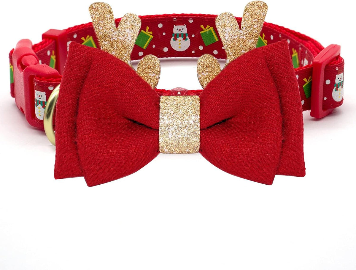 Christmas Dog Collar, Adjustable Xmas Antler Bow Tie