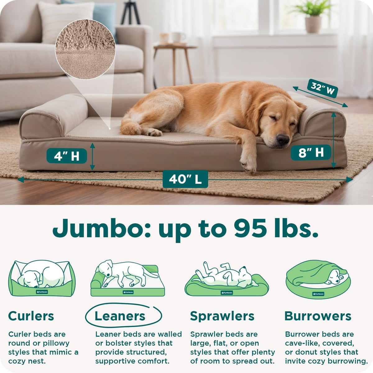 Orthopedic Dog Bed for Large Dogs, Removable Bolsters