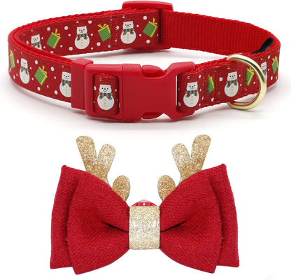 Christmas Dog Collar, Adjustable Xmas Antler Bow Tie