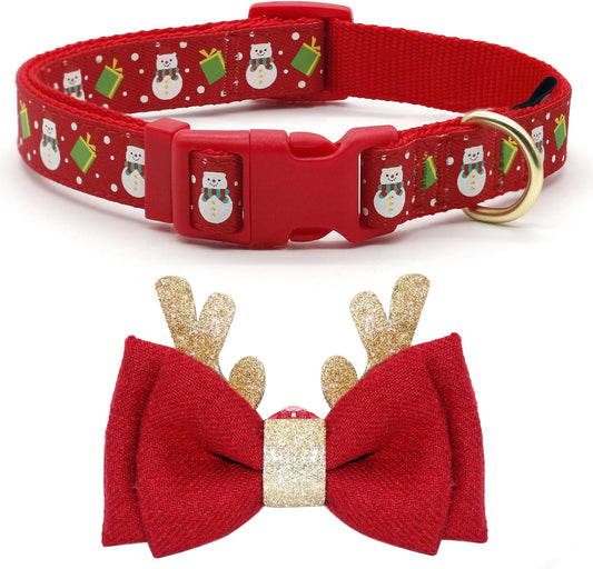 Christmas Dog Collar, Adjustable Xmas Antler Bow Tie