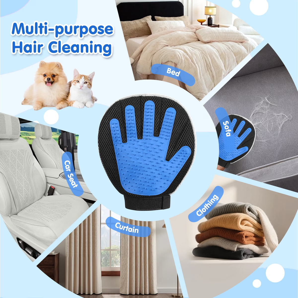 Pet Hair Removal Glove, Dual-Side Electrostatic Hair Removal & Silicone Fur Brush for Dogs and Cats, Reusable Five-Finger Pet Fur Grooming Glove for Couch Carpet Clothes Laundry, Blue & Gray