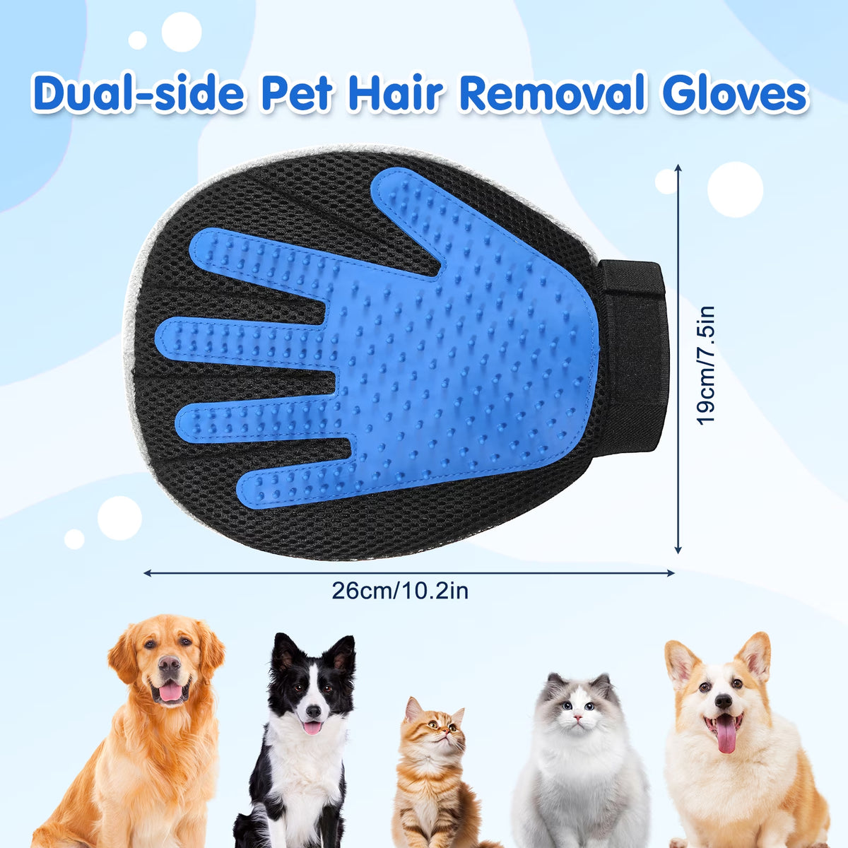 Pet Hair Removal Glove, Dual-Side Electrostatic Hair Removal & Silicone Fur Brush for Dogs and Cats, Reusable Five-Finger Pet Fur Grooming Glove for Couch Carpet Clothes Laundry, Blue & Gray