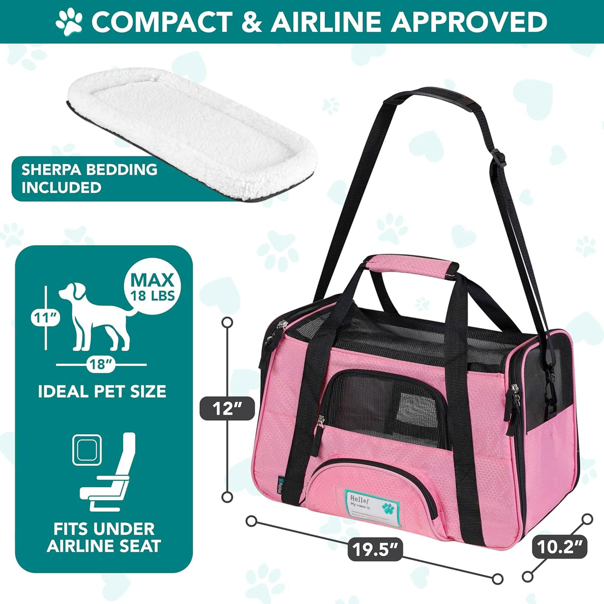 Airline Approved Pet Carrier, Sherpa Bed, Mesh Vent