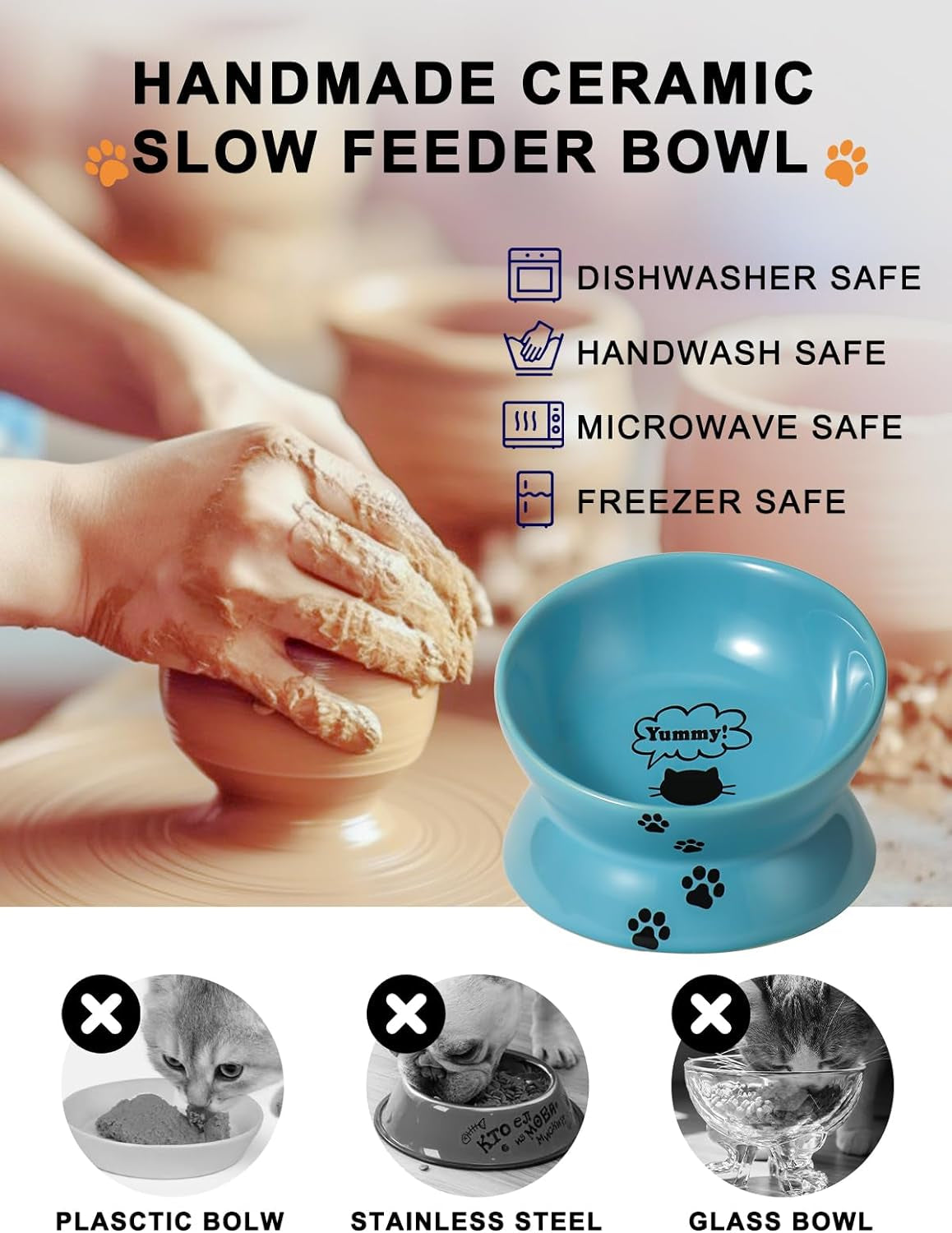 Elevated Cat Food Bowl, Ceramic, Anti-Vomiting Tilt Angle