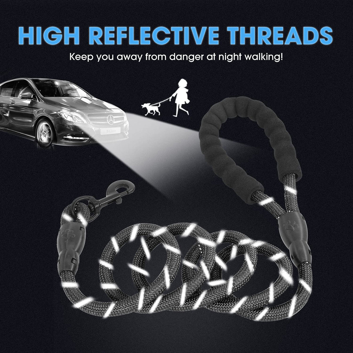 Dog Leash W/ Padded Handle & Reflective Threads