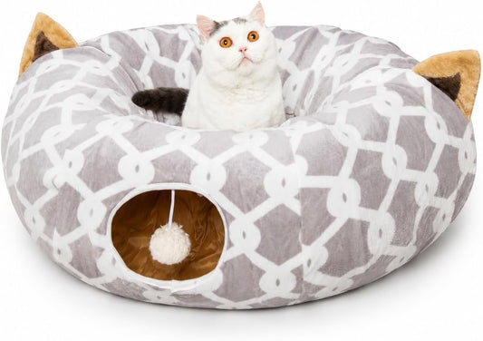 Large Cat Tunnel Bed W/ Fluffy Toy Balls, Small Cushion