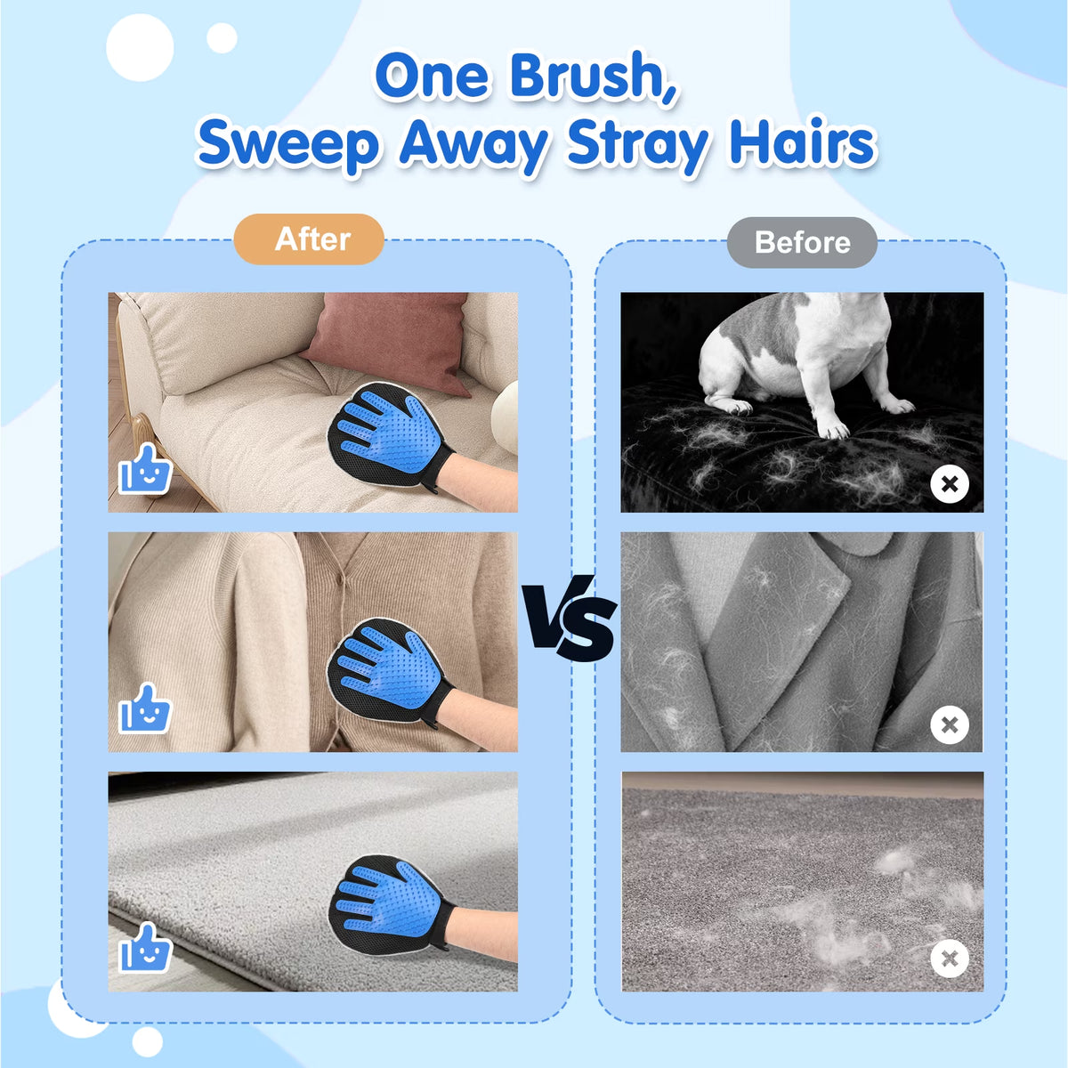 Pet Hair Removal Glove, Dual-Side Electrostatic Hair Removal & Silicone Fur Brush for Dogs and Cats, Reusable Five-Finger Pet Fur Grooming Glove for Couch Carpet Clothes Laundry, Blue & Gray