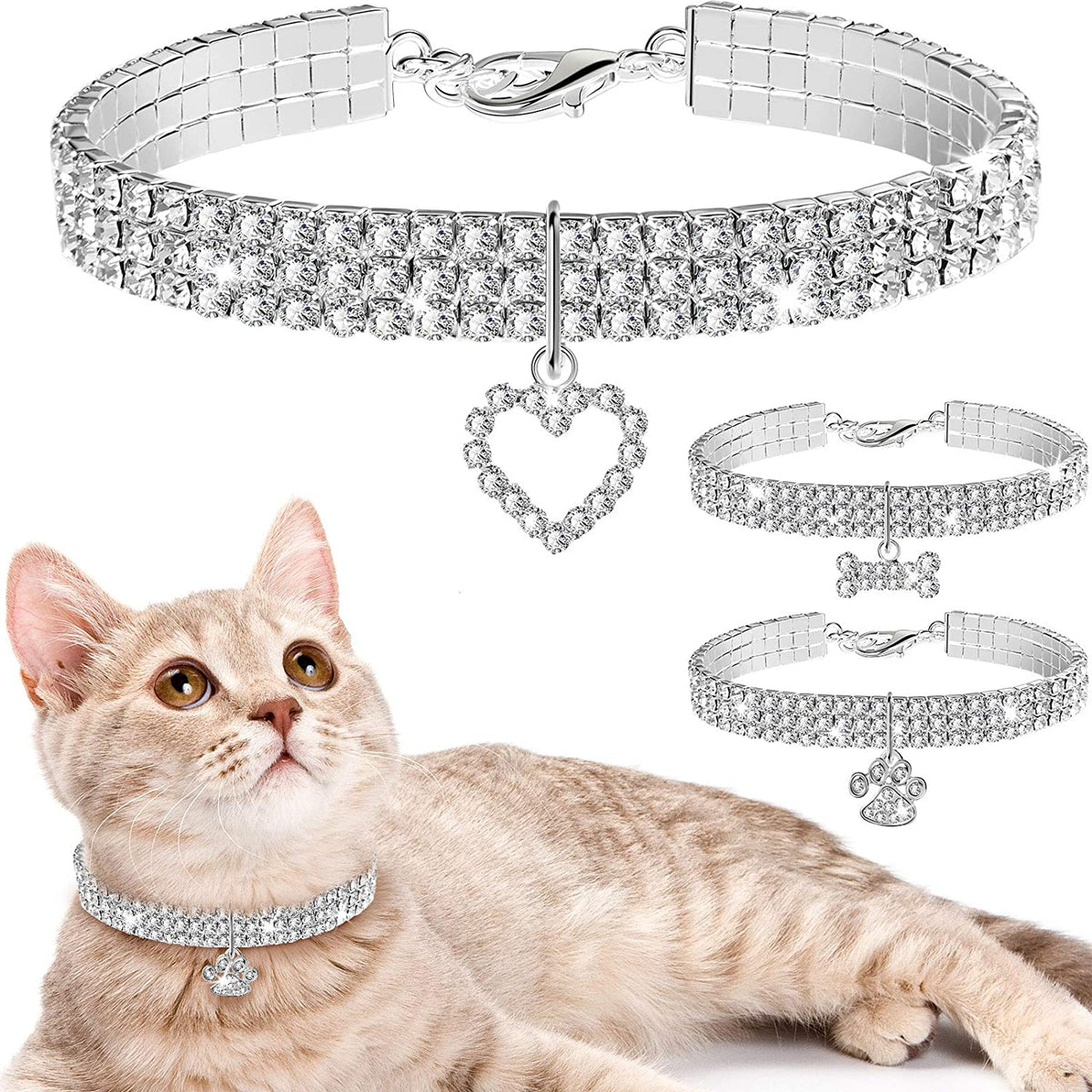3-Piece Bling Rhinestone Pet Collars, Glitter Adjustable