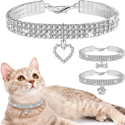 3-Piece Bling Rhinestone Pet Collars, Glitter Adjustable