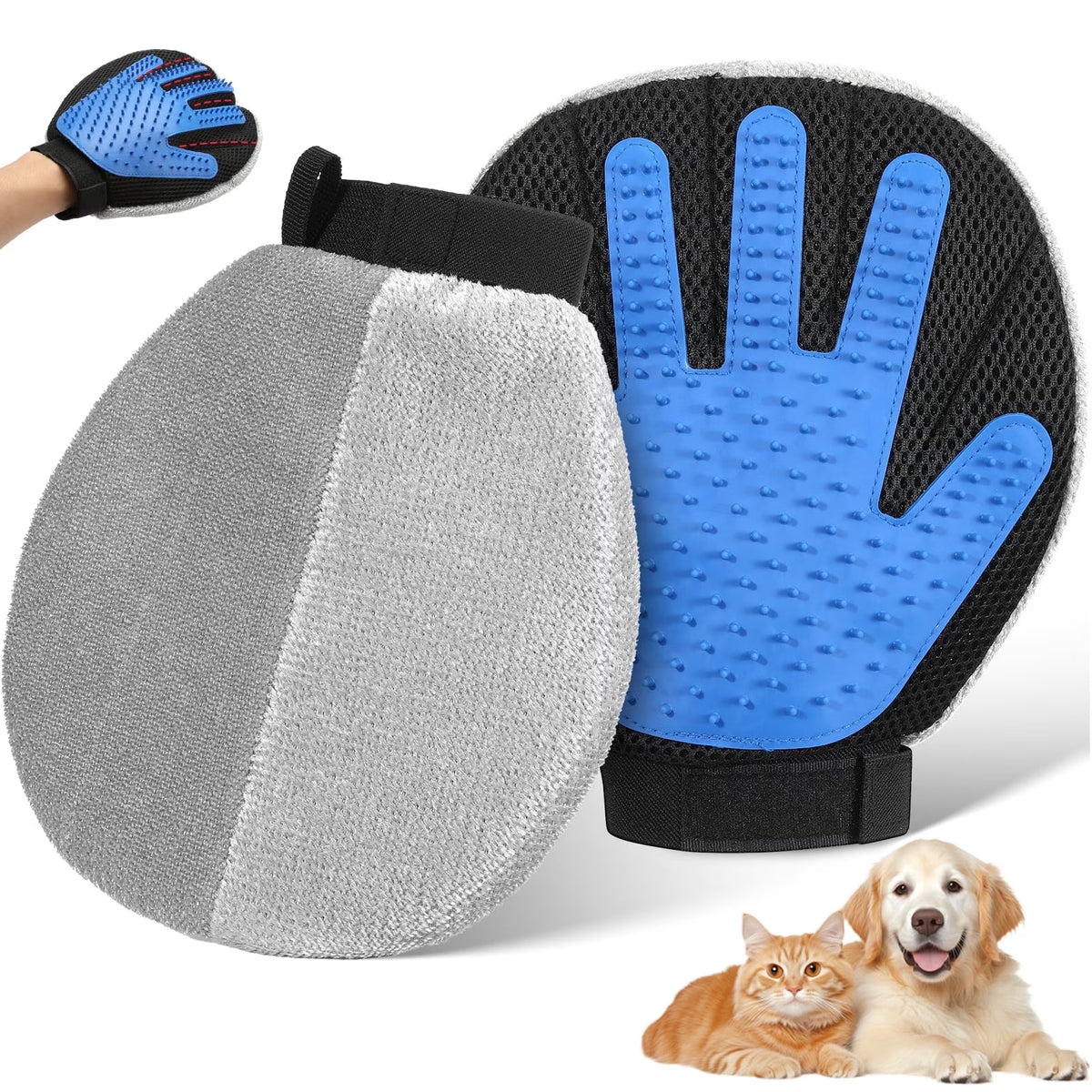 Pet Hair Removal Glove, Dual-Side Electrostatic Hair Removal & Silicone Fur Brush for Dogs and Cats, Reusable Five-Finger Pet Fur Grooming Glove for Couch Carpet Clothes Laundry, Blue & Gray