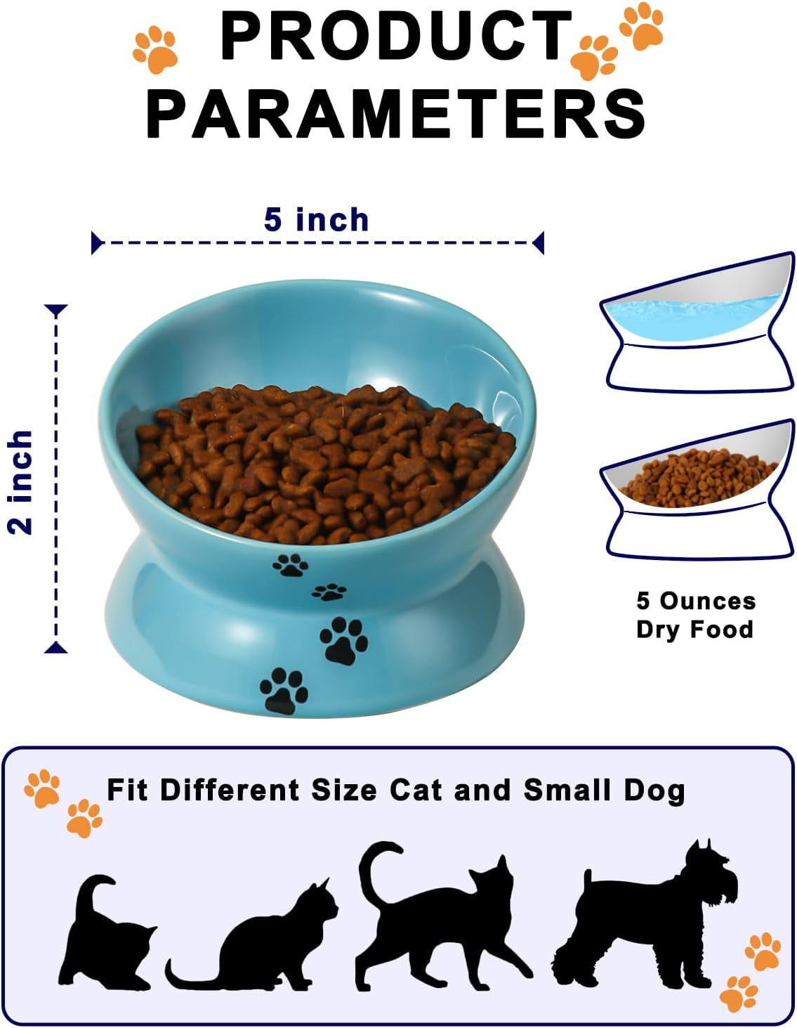 Elevated Cat Food Bowl, Ceramic, Anti-Vomiting Tilt Angle