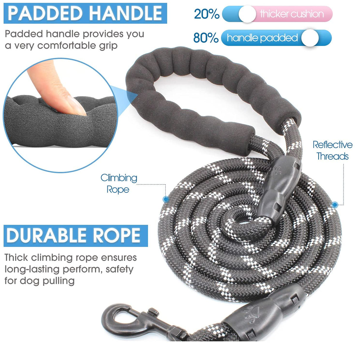 Dog Leash W/ Padded Handle & Reflective Threads