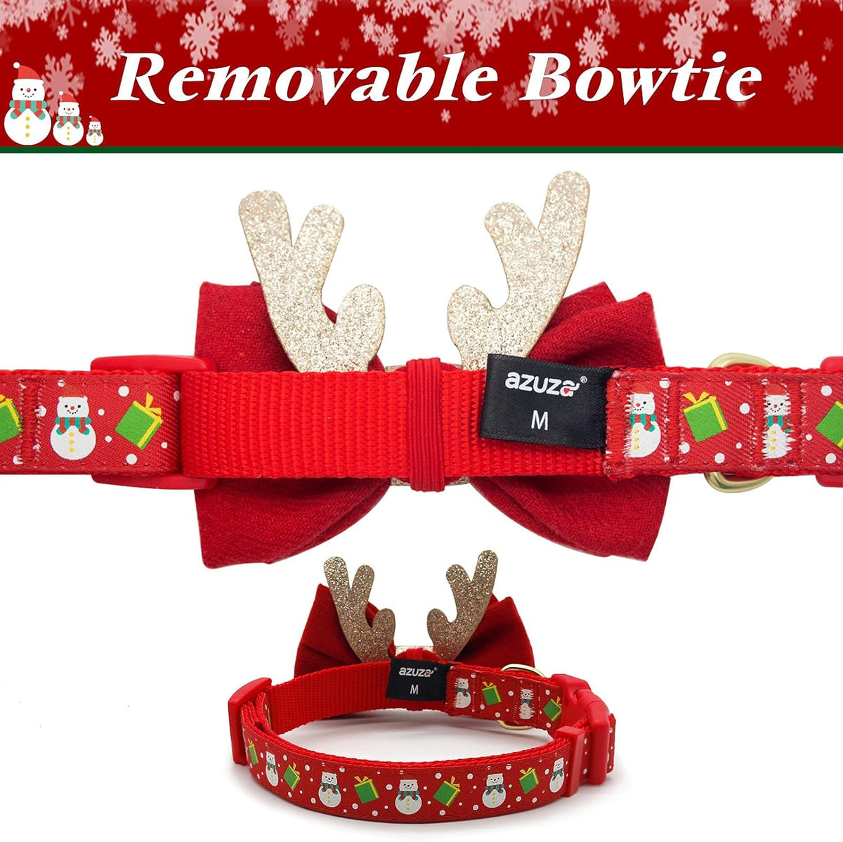 Christmas Dog Collar, Adjustable Xmas Antler Bow Tie