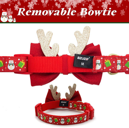 Christmas Dog Collar, Adjustable Xmas Antler Bow Tie