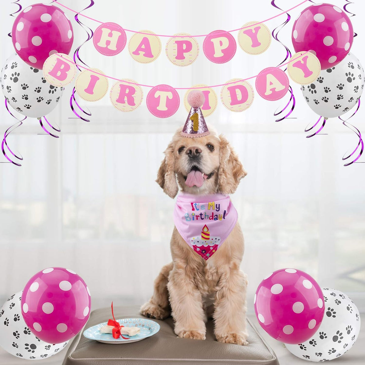 Dog Birthday Party Supplies Set, Bandana Hat Banner Bow Tie