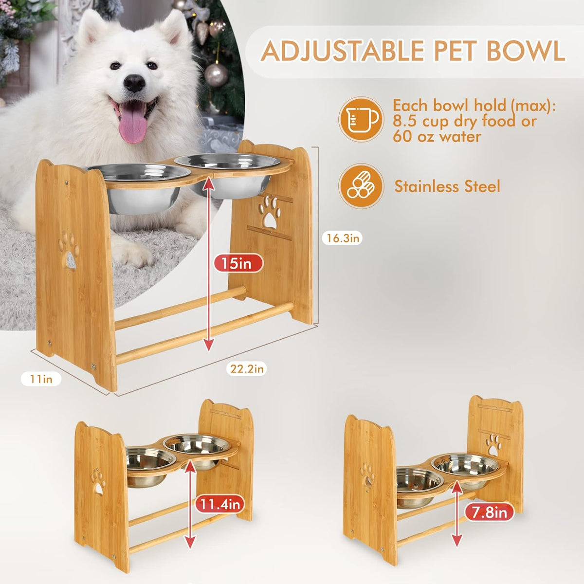 Elevated Dog Bowls, Adjustable Bamboo Raised Feeder