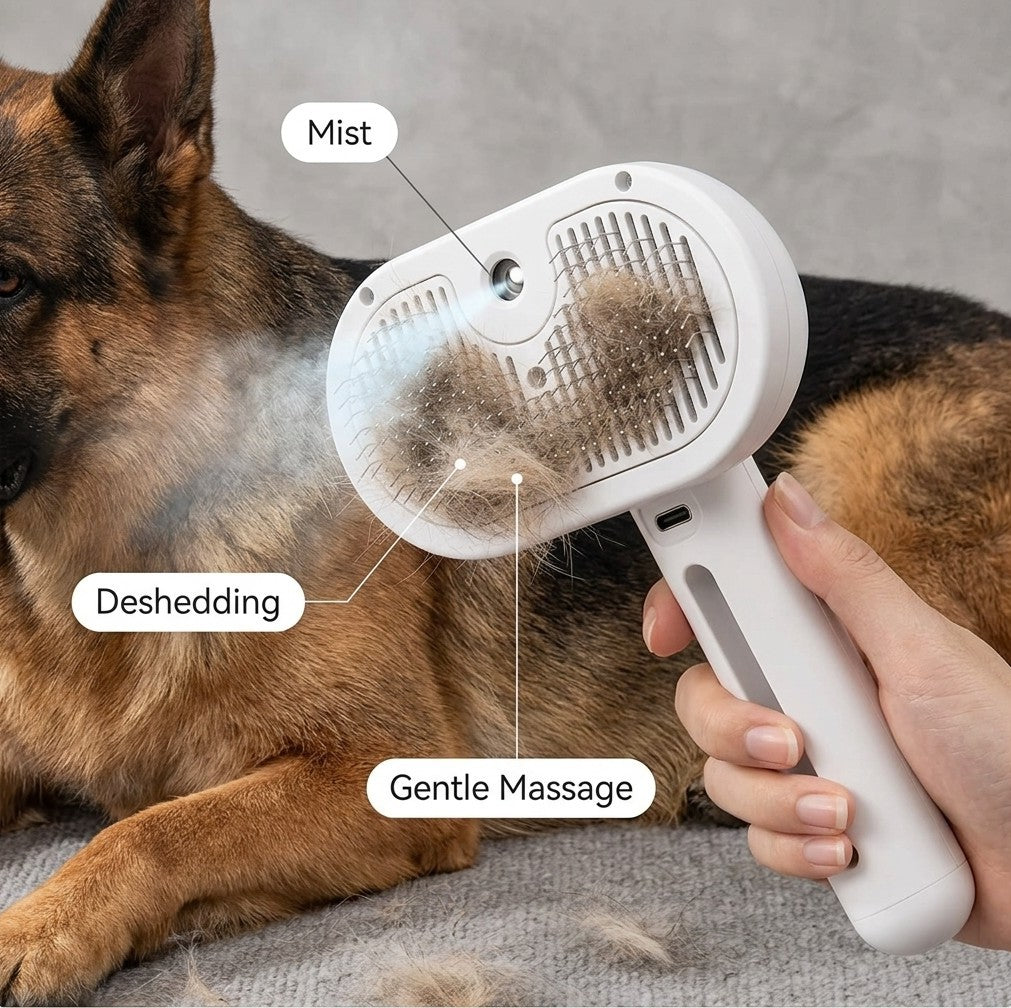 Furlow Vanish 3-in-1 Self-Cleaning Dog Brush with Mist - Deshedding Slicker Brush for Dogs & Cats, Massage Grooming Tool, White