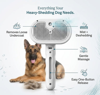 Furlow Vanish 3-in-1 Self-Cleaning Dog Brush with Mist - Deshedding Slicker Brush for Dogs & Cats, Massage Grooming Tool, White
