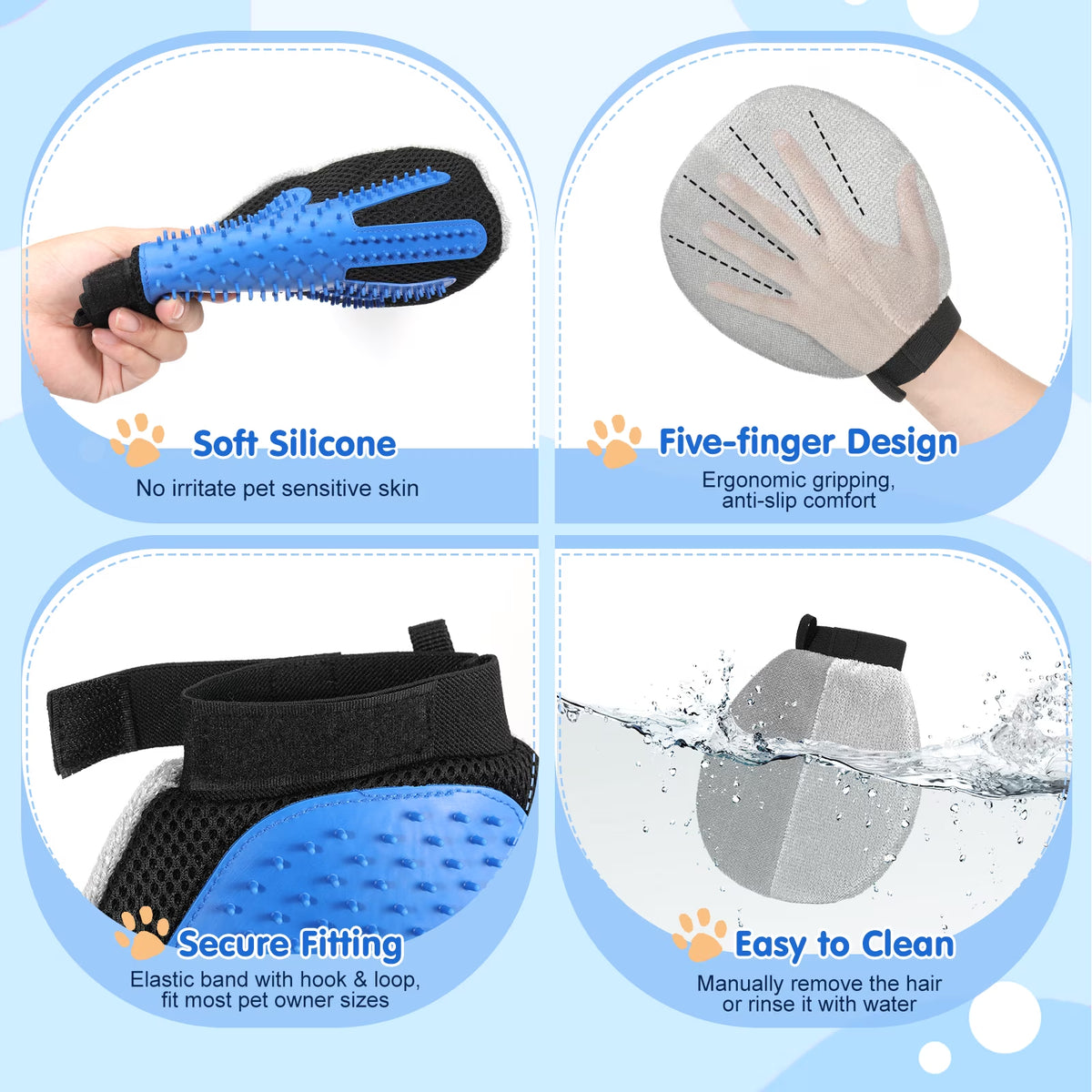 Pet Hair Removal Glove, Dual-Side Electrostatic Hair Removal & Silicone Fur Brush for Dogs and Cats, Reusable Five-Finger Pet Fur Grooming Glove for Couch Carpet Clothes Laundry, Blue & Gray