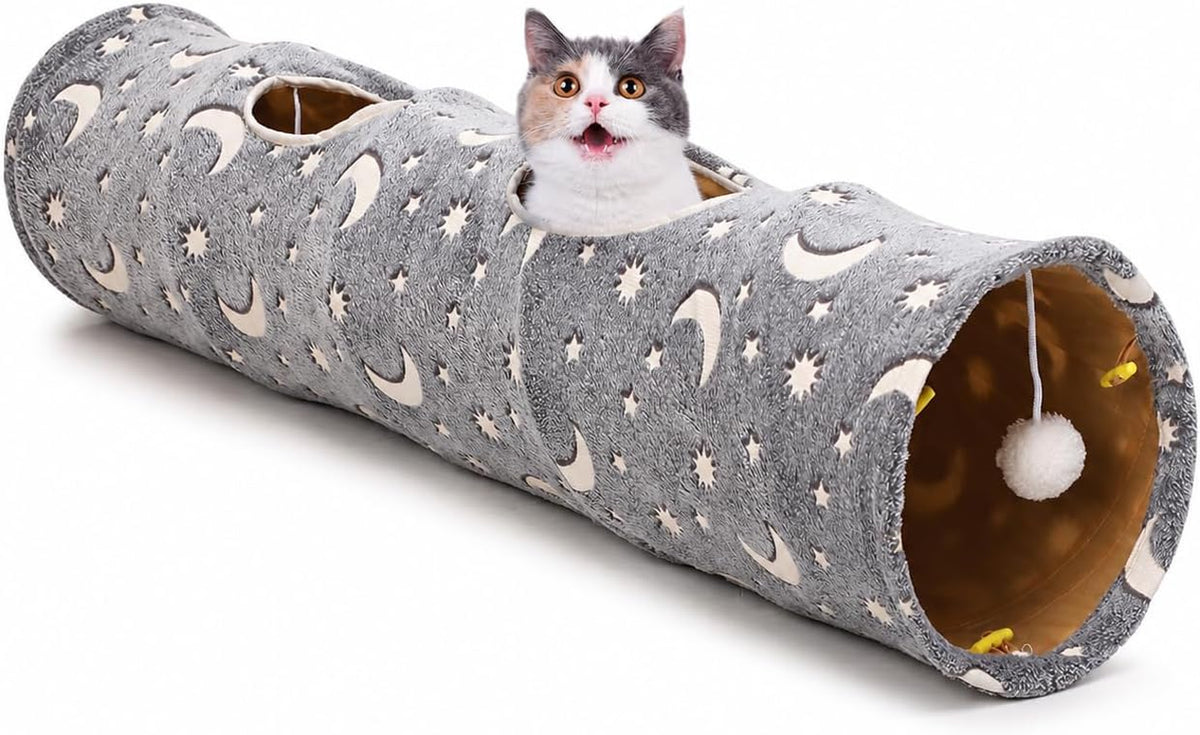Cat Tunnel Tube W/ Plush Ball Toys, Self-Luminous Collapsible