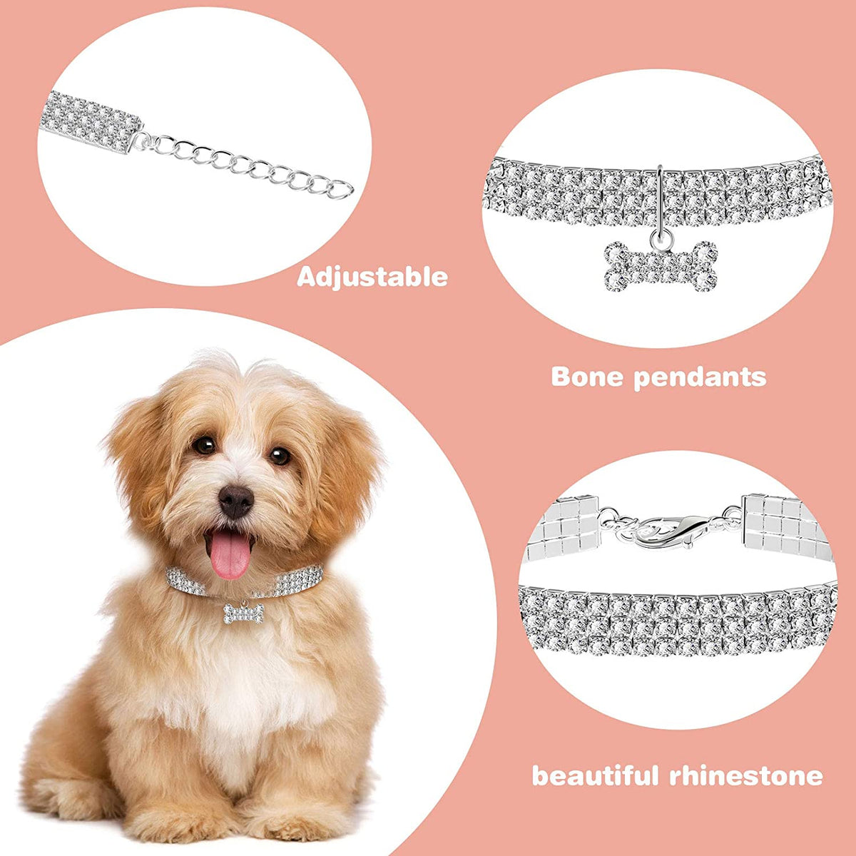 3-Piece Bling Rhinestone Pet Collars, Glitter Adjustable