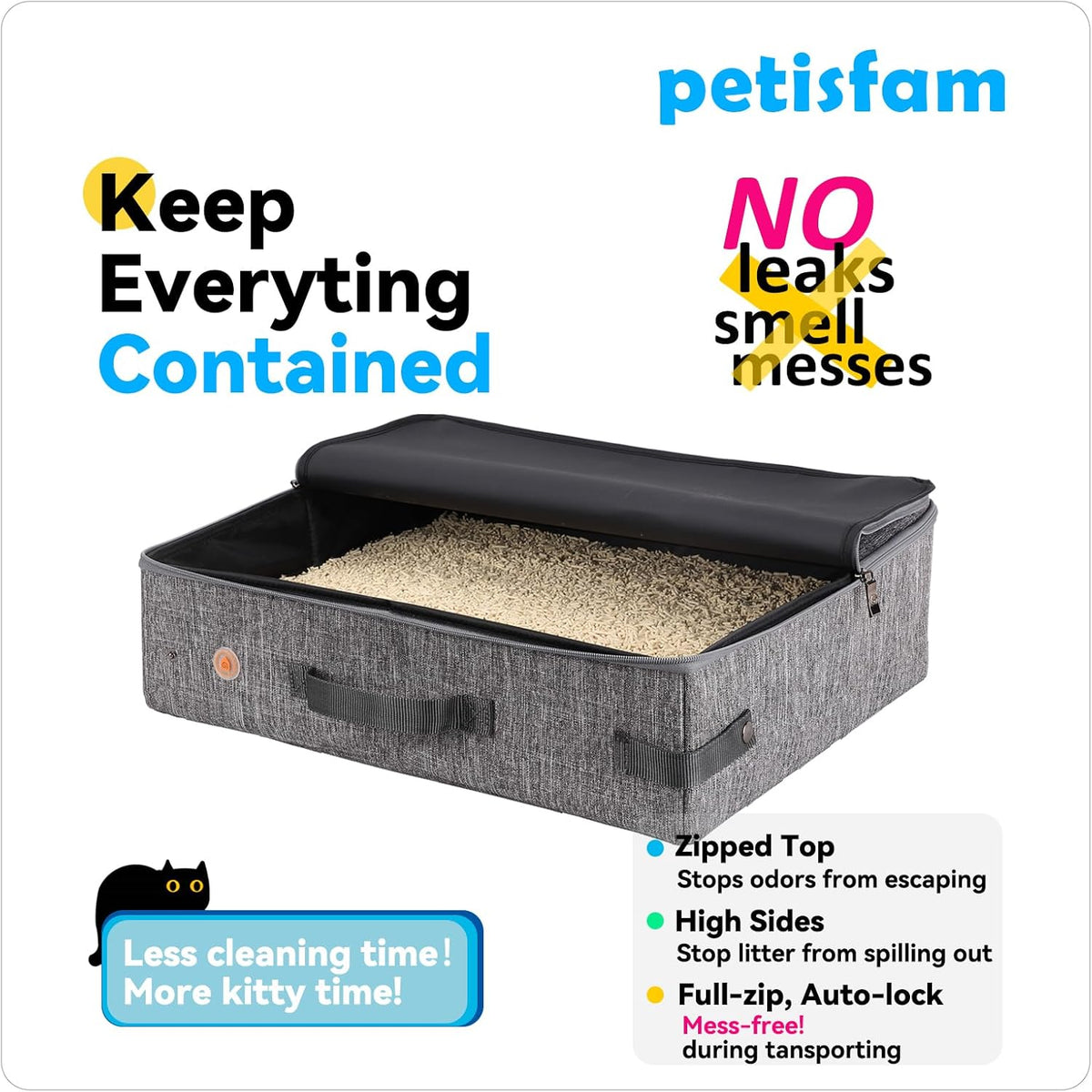 Portable Cat Travel Litter Box W/ Zipped Lid, Easy Carry