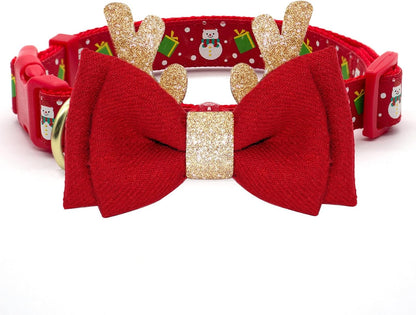 Christmas Dog Collar, Adjustable Xmas Antler Bow Tie