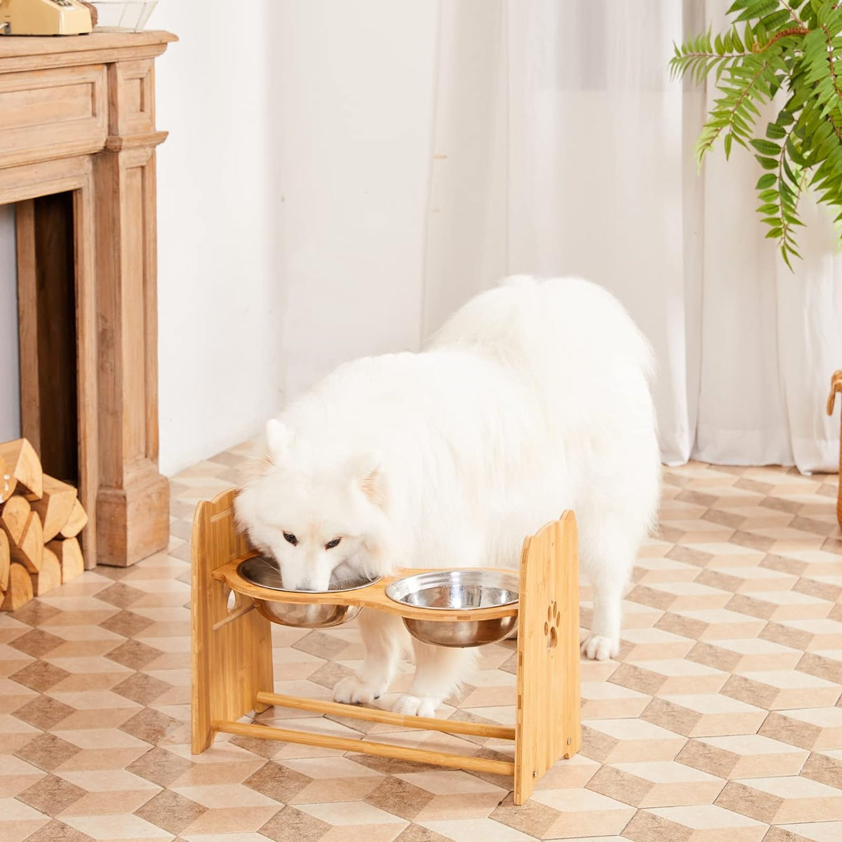 Elevated Dog Bowls, Adjustable Bamboo Raised Feeder