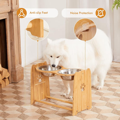 Elevated Dog Bowls, Adjustable Bamboo Raised Feeder