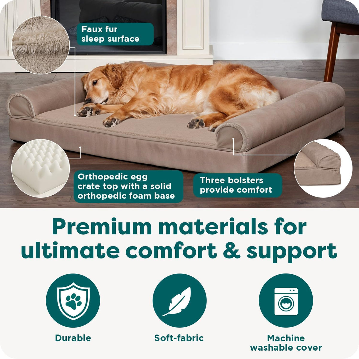 Orthopedic Dog Bed for Large Dogs, Removable Bolsters
