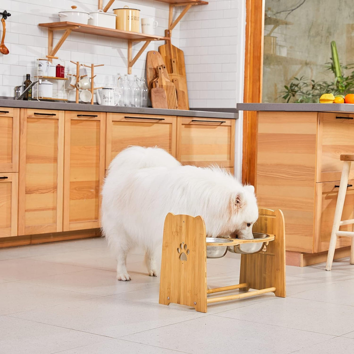 Elevated Dog Bowls, Adjustable Bamboo Raised Feeder