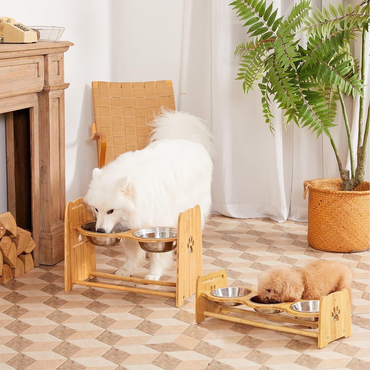 Elevated Dog Bowls, Adjustable Bamboo Raised Feeder