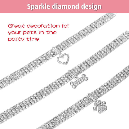 3-Piece Bling Rhinestone Pet Collars, Glitter Adjustable