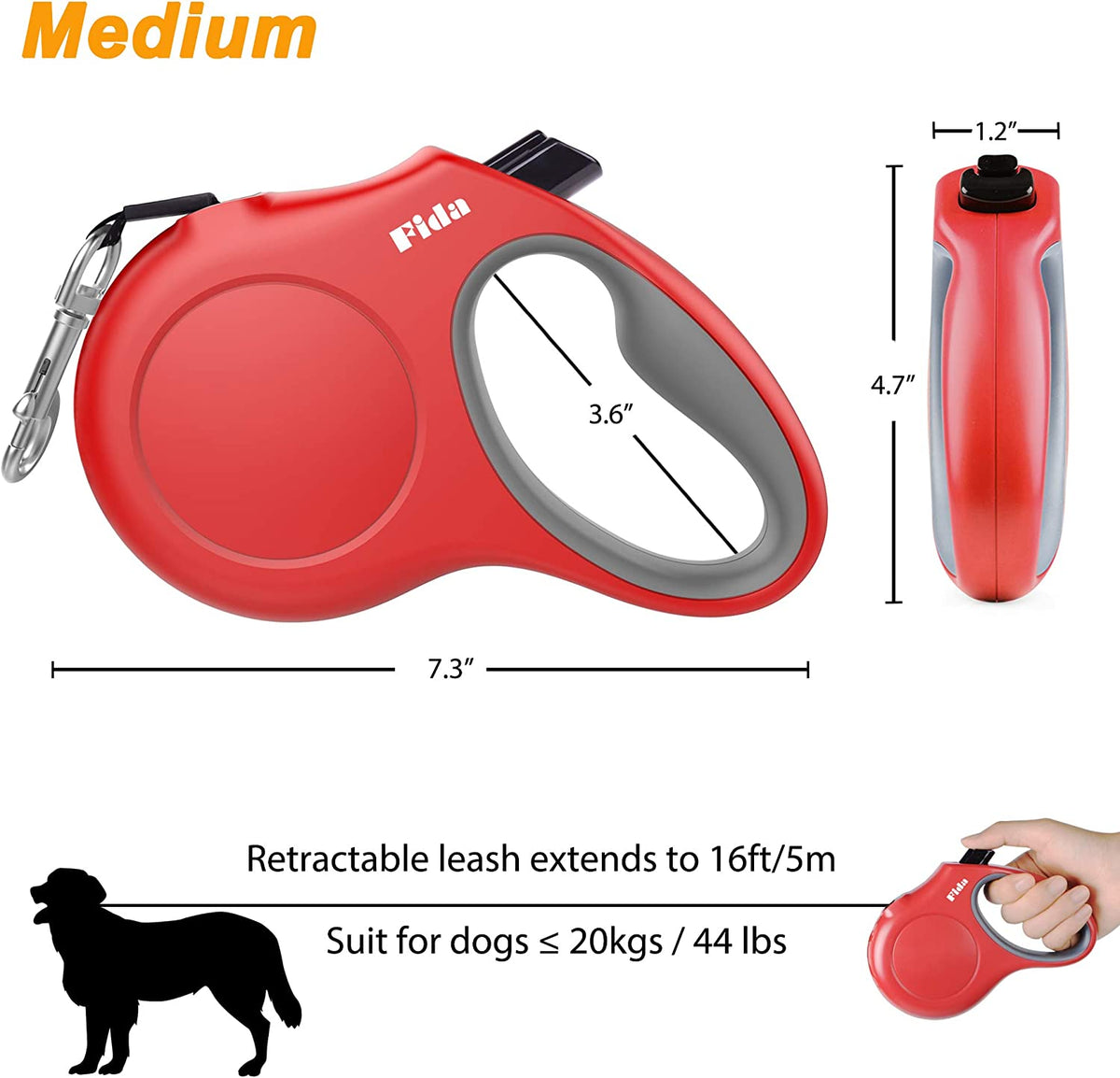 Retractable Dog Leash M 16Ft W/ Dispenser & Poop Bags