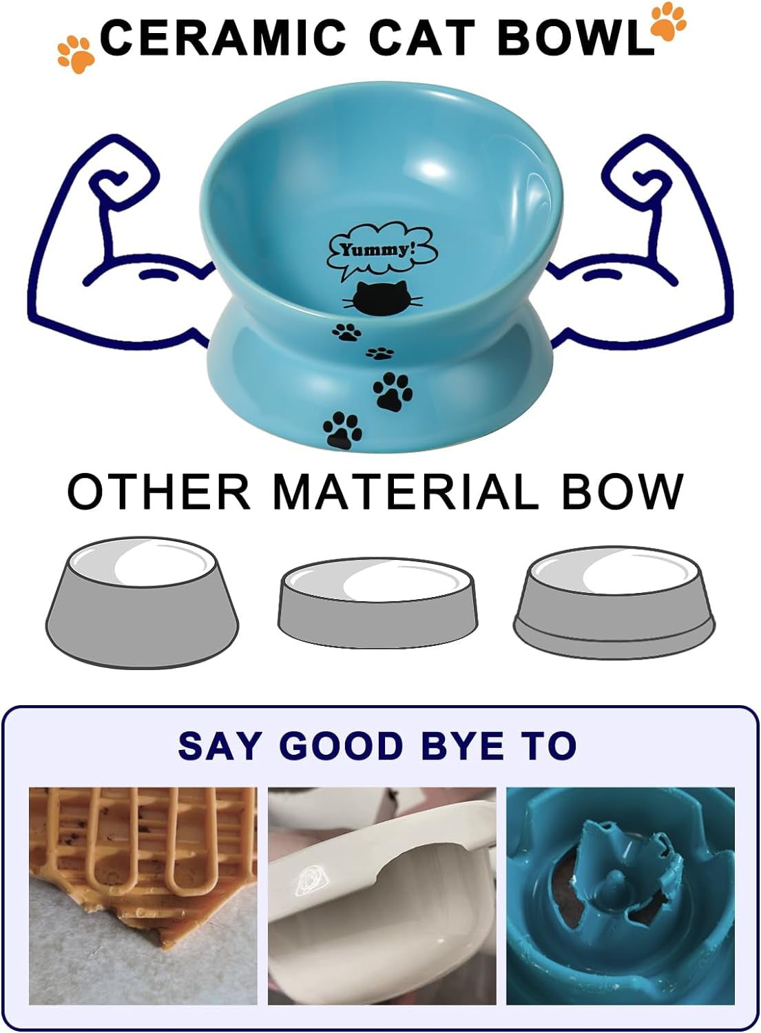Elevated Cat Food Bowl, Ceramic, Anti-Vomiting Tilt Angle
