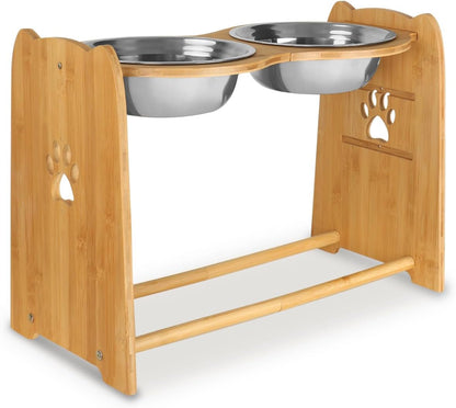 Elevated Dog Bowls, Adjustable Bamboo Raised Feeder