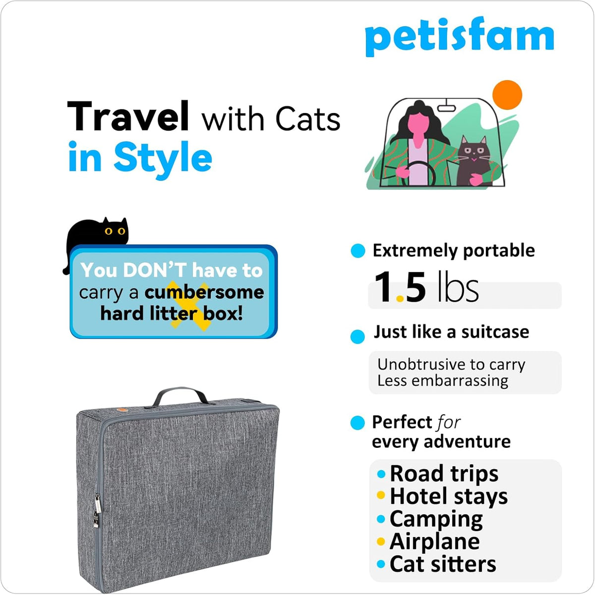 Portable Cat Travel Litter Box W/ Zipped Lid, Easy Carry