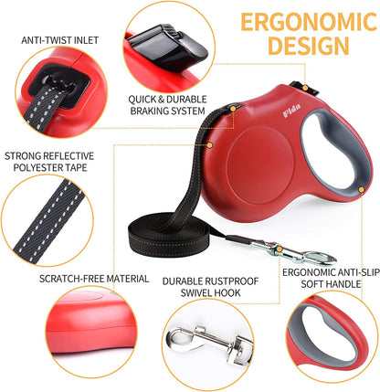 Retractable Dog Leash M 16Ft W/ Dispenser & Poop Bags